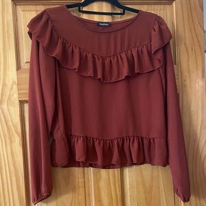 Boohoo Rust Terracotta Ruffle Peplum Blouse Romantic Cottagecore Sheet Top M